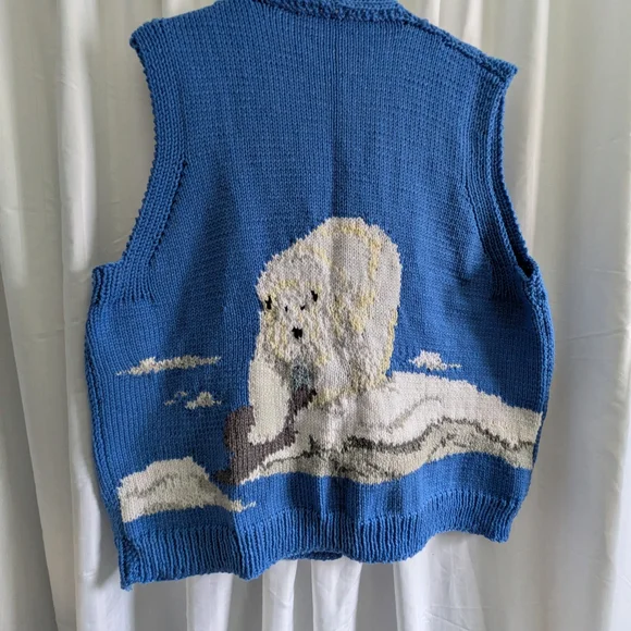 Vintage Handknit Polar Bear Vest Blue Button Front V-neck Men's Women's - Picture 2 of 11